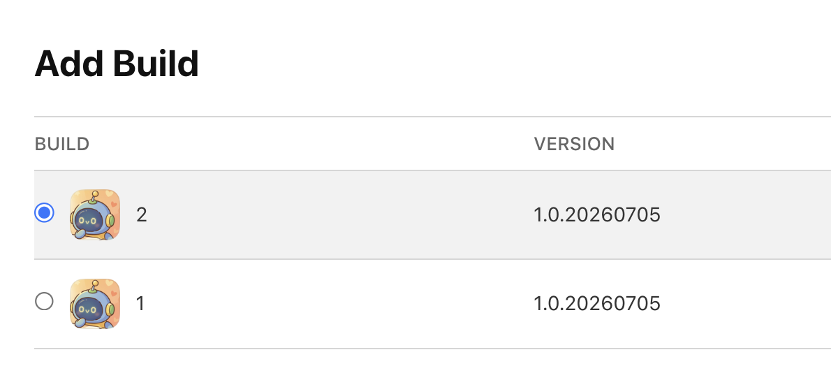 App Store Connect — 掛上 Build 2