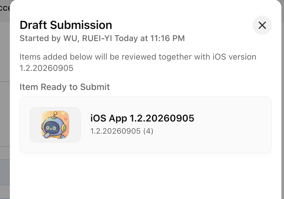 App Store Connect — Draft Submission,iOS App 1.2.20260905 (4) Item Ready to Submit