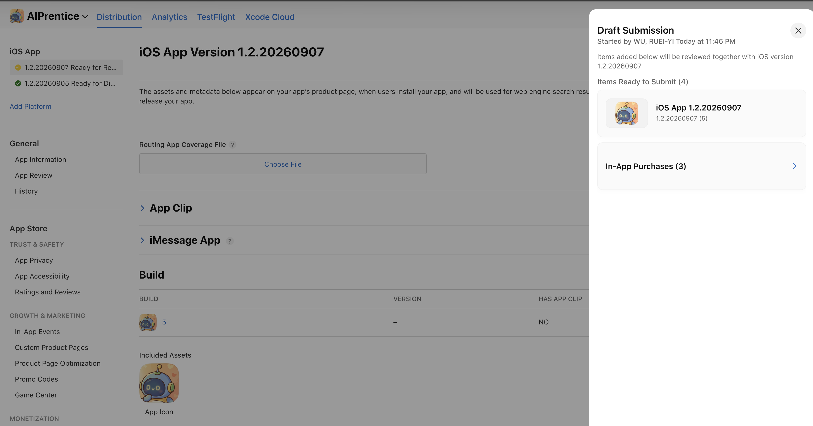 App Store Connect — Draft Submission:iOS App 1.2.20260907 (5) 與 In-App Purchases (3),共 4 項待送