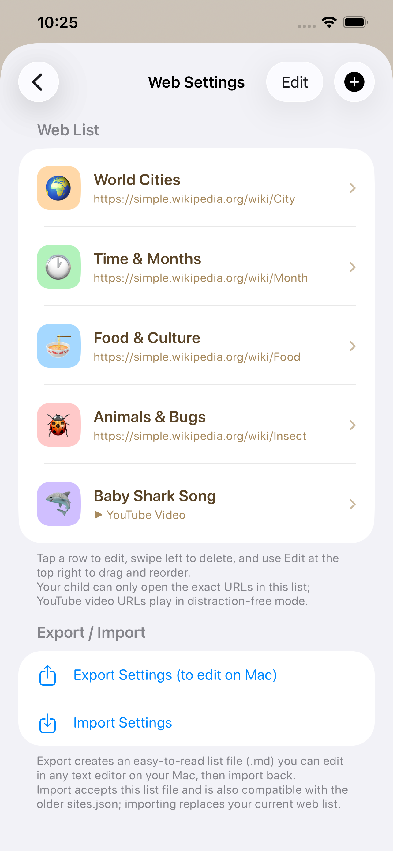 Web Settings — 白名單只放行確切網址、可匯出匯入