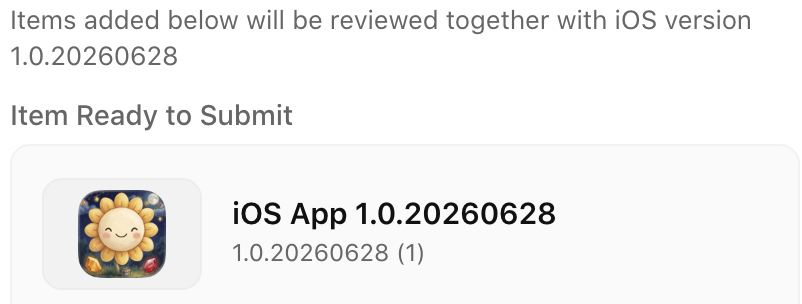 App Store Connect — iOS App 1.0.20260628 Item Ready to Submit