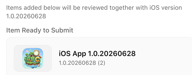 App Store Connect — iOS App 1.0.20260628 Item Ready to Submit