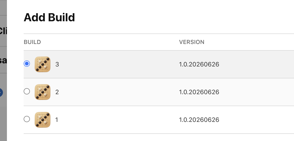 App Store Connect Add Build — GomokuKids 1.0.20260626 build 3 選用