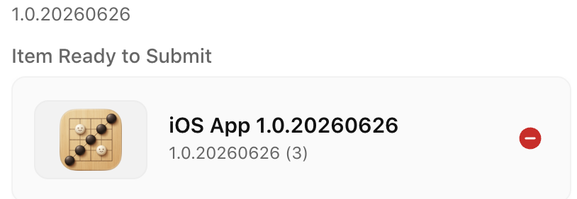App Store Connect — iOS App 1.0.20260626 (3) Item Ready to Submit