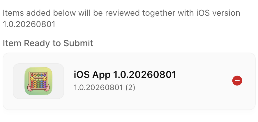 App Store Connect — LetAbacus iOS App 1.0.20260801 (2) Item Ready to Submit