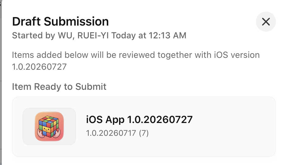 App Store Connect — Draft Submission 00:13，掛載 build 1.0.20260717 (7)