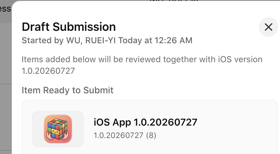 App Store Connect — Draft Submission 00:26，iOS App 1.0.20260727 (8) Item Ready to Submit