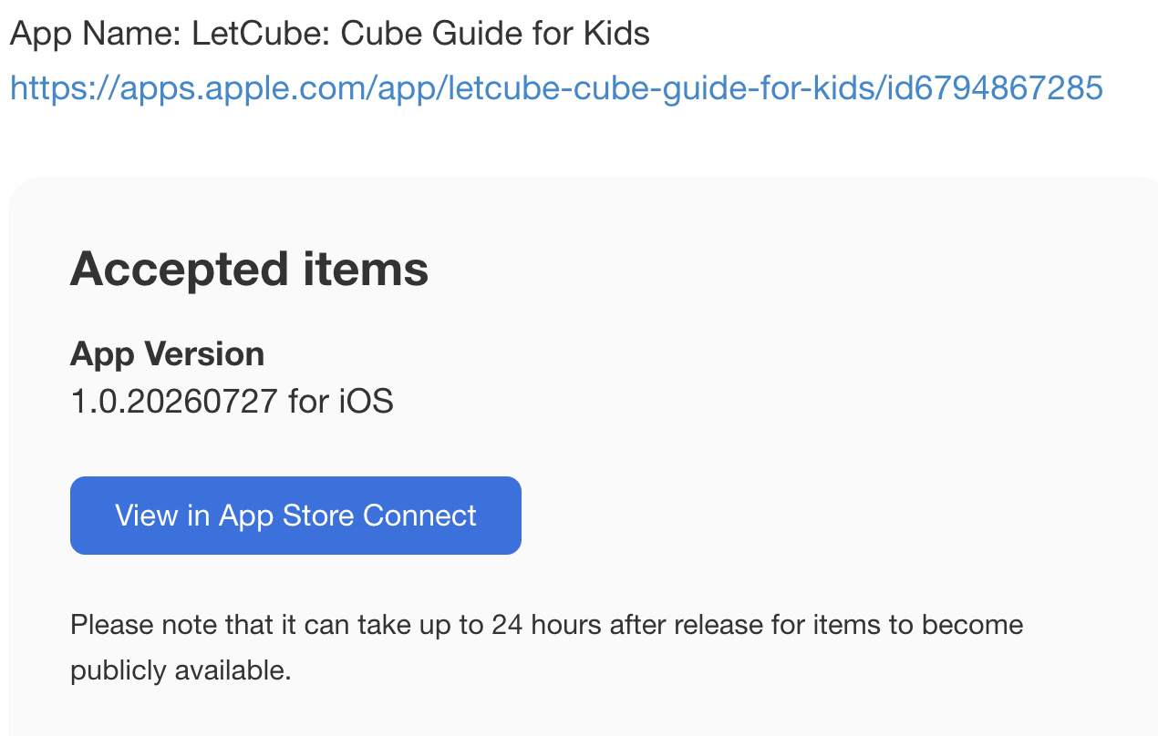 App Store Connect — Accepted items：App Version 1.0.20260727 for iOS