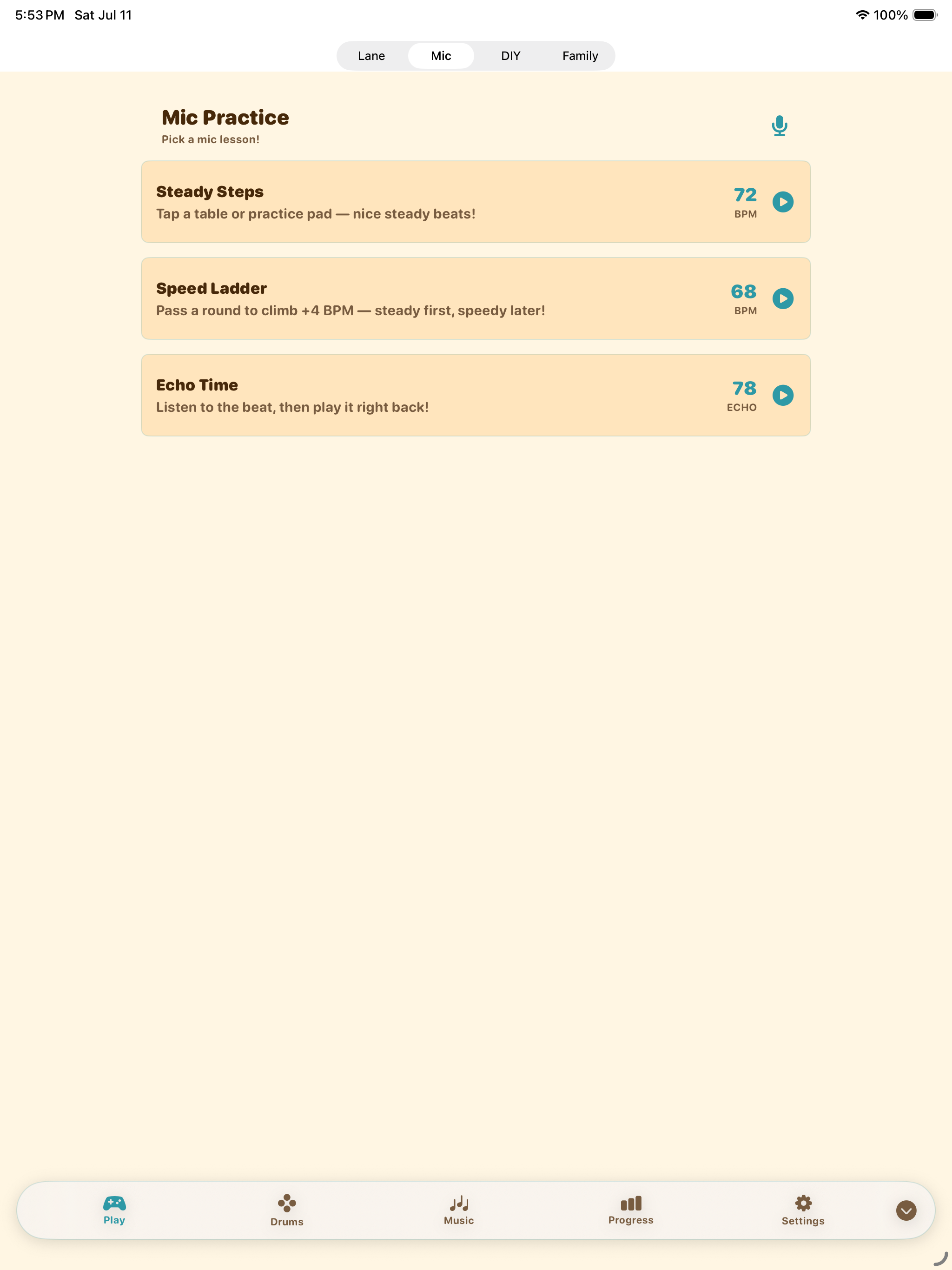 iPad 麥克風練習選單 Mic practice menu
