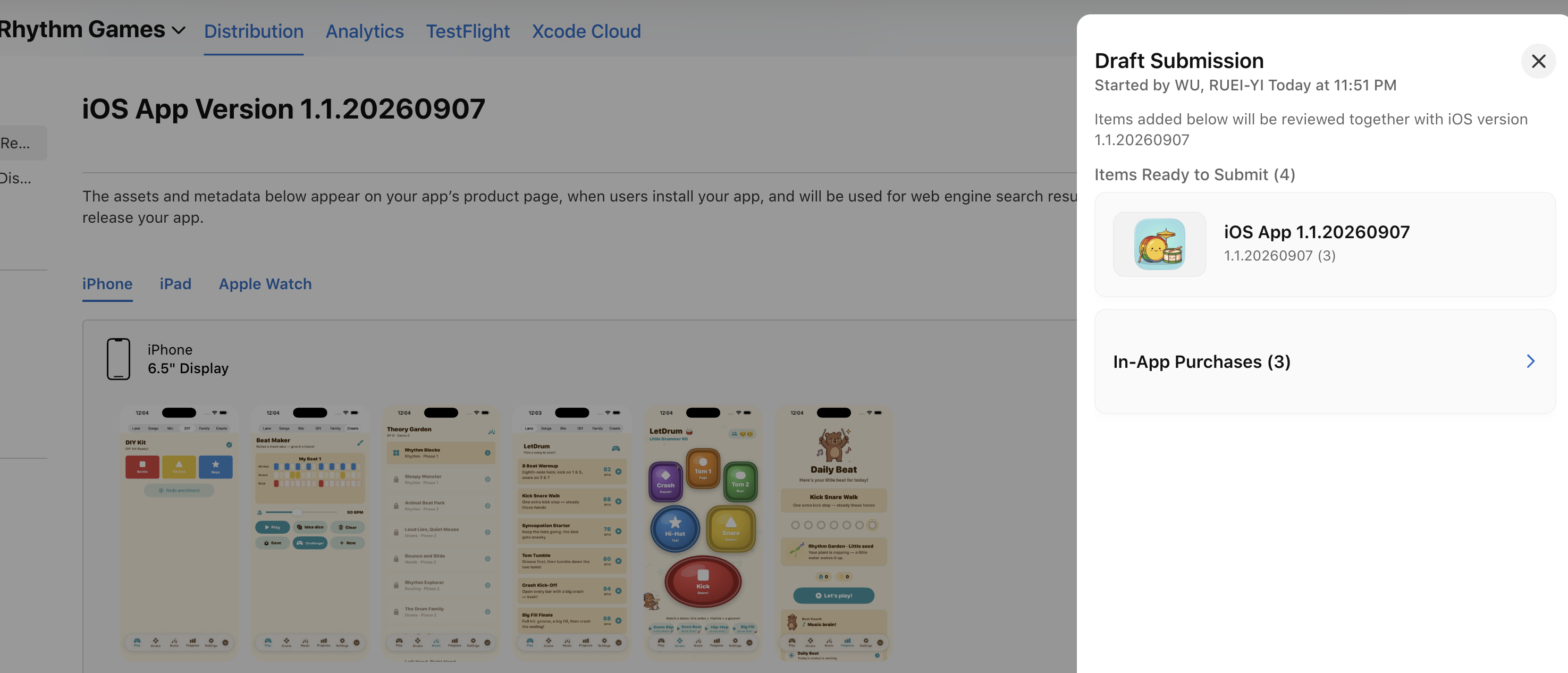 App Store Connect — LetDrum 1.1.20260907 Draft Submission,Items Ready to Submit (4):iOS App + In-App Purchases (3)