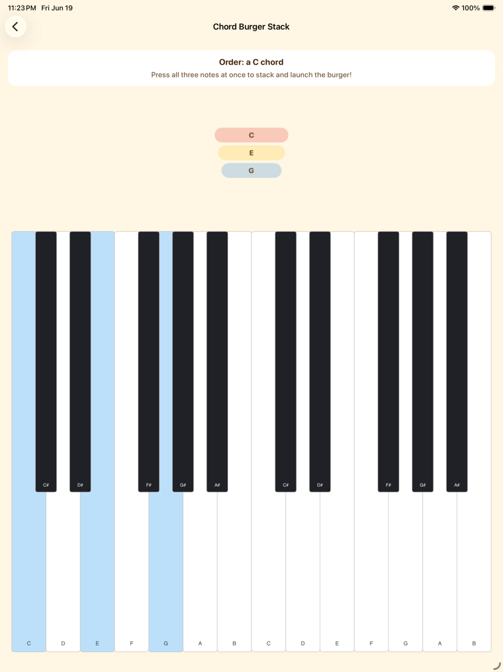 LetPiano 在 iPad 上的鋼琴鍵盤畫面