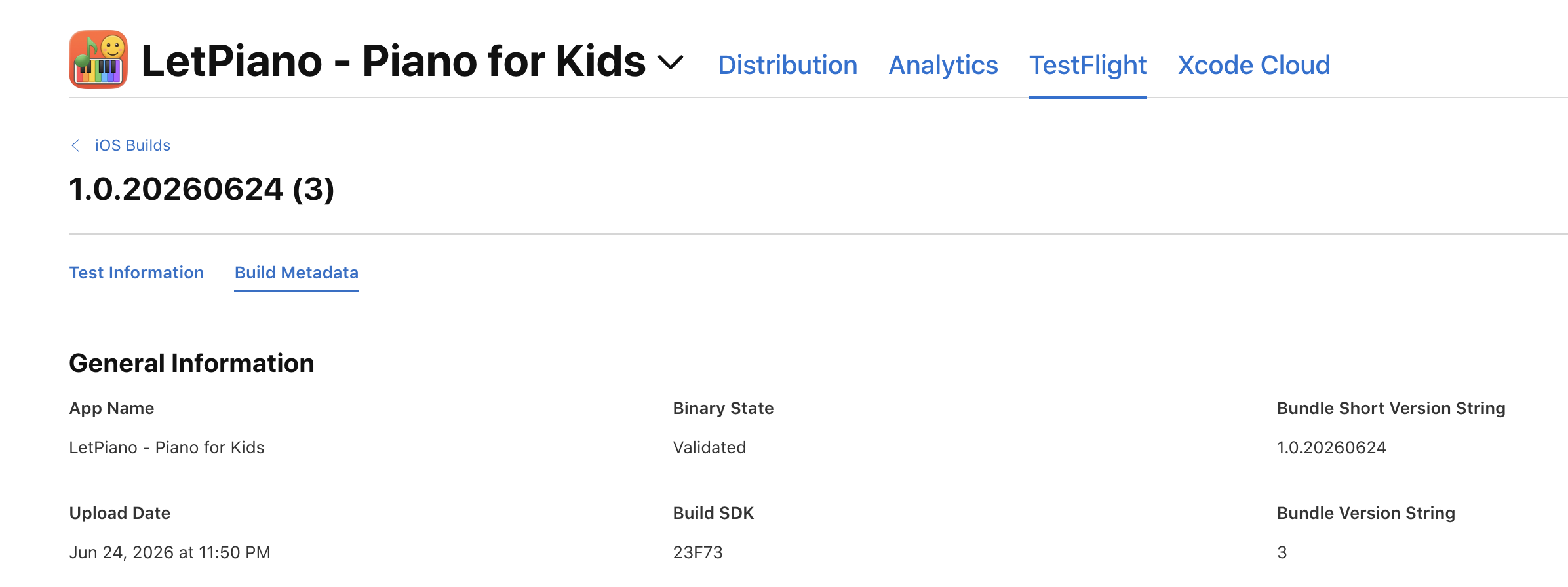 App Store Connect — iOS build 1.0.20260624 (3) build metadata, Validated