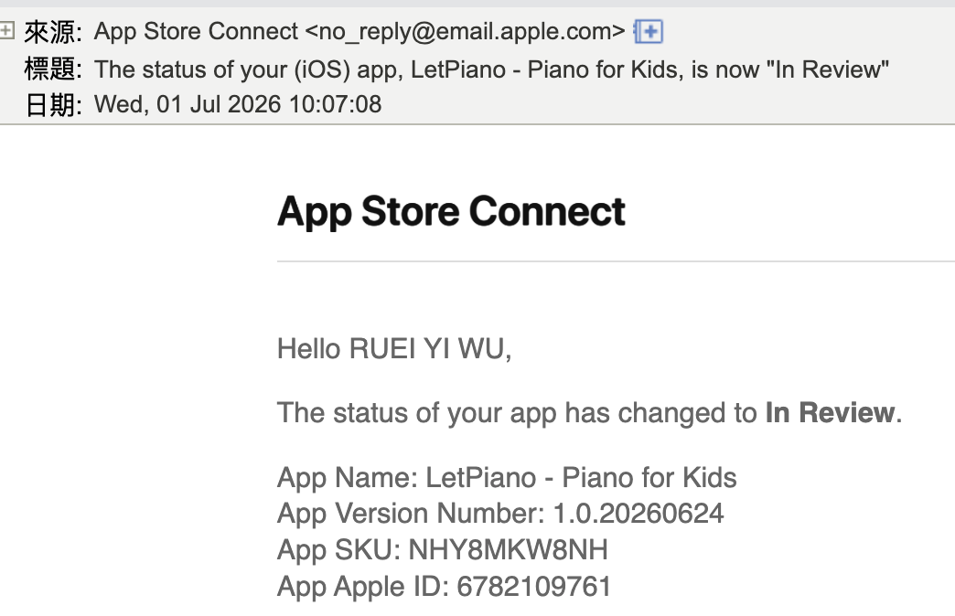 App Store Connect 來信 — LetPiano (iOS) status is now In Review