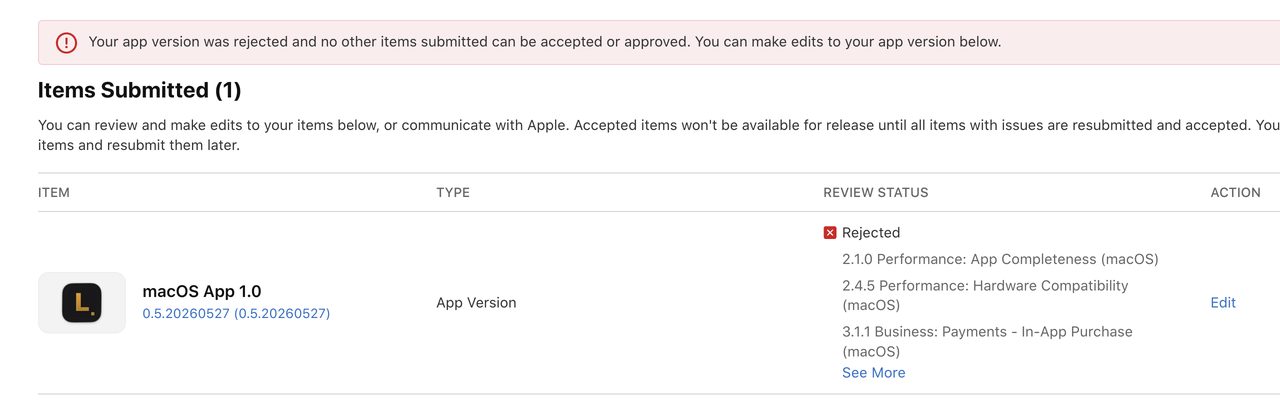 App Store Connect — 第二次拒絕通知 1