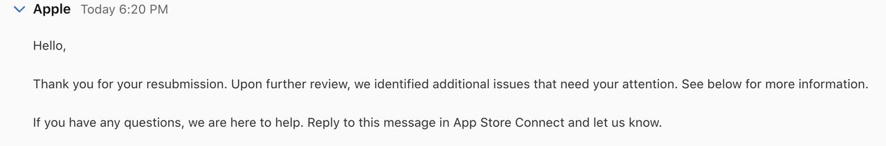 App Store Connect — 第二次拒絕通知 2