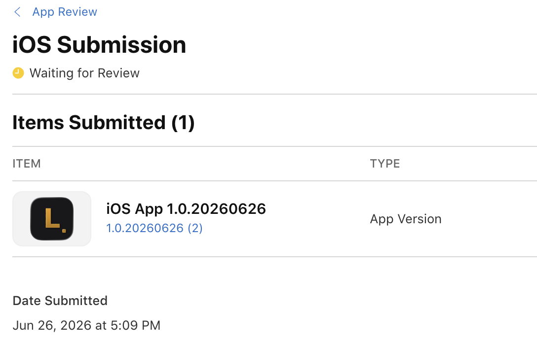App Store Connect — iOS Submission Waiting for Review, iOS App 1.0.20260626