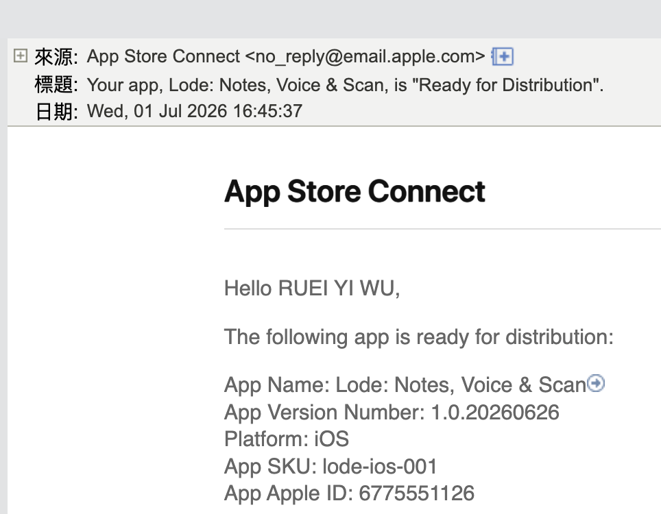 App Store Connect 來信 — Lode: Notes, Voice & Scan is Ready for Distribution