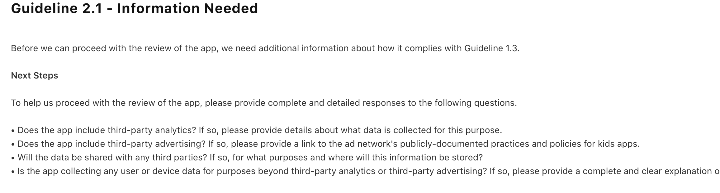 App Store Connect — Guideline 2.1 Information Needed 四個資料問題