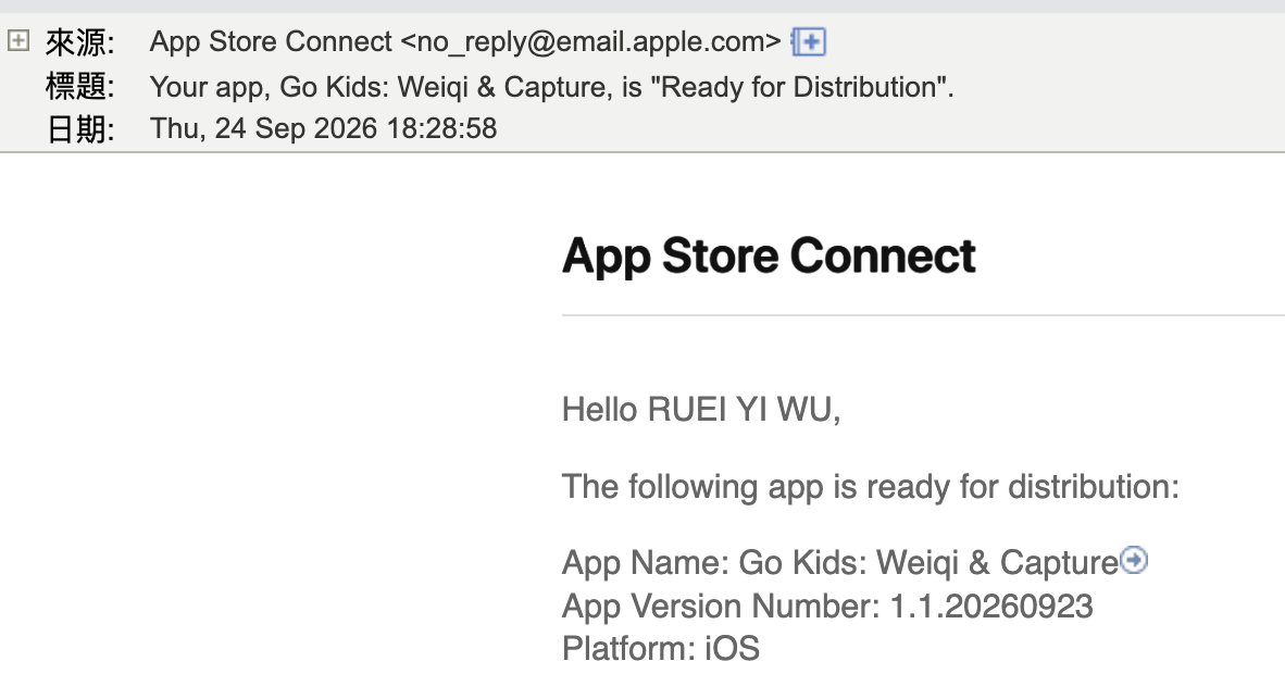 App Store Connect 來信 — Go Kids 1.1.20260923 Ready for Distribution