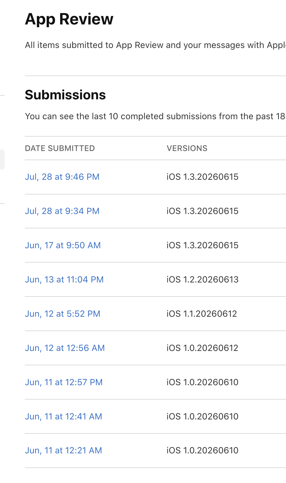 App Store Connect — App Review 送審紀錄，7/28 晚間兩筆重送